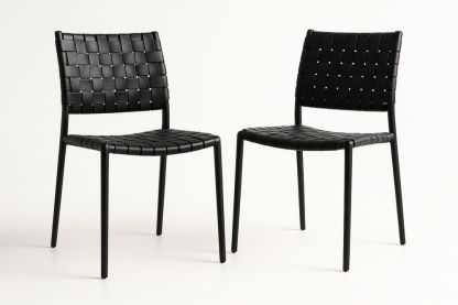 Set of Two Black Woven PU Leather Dining Chairs Metal Frame