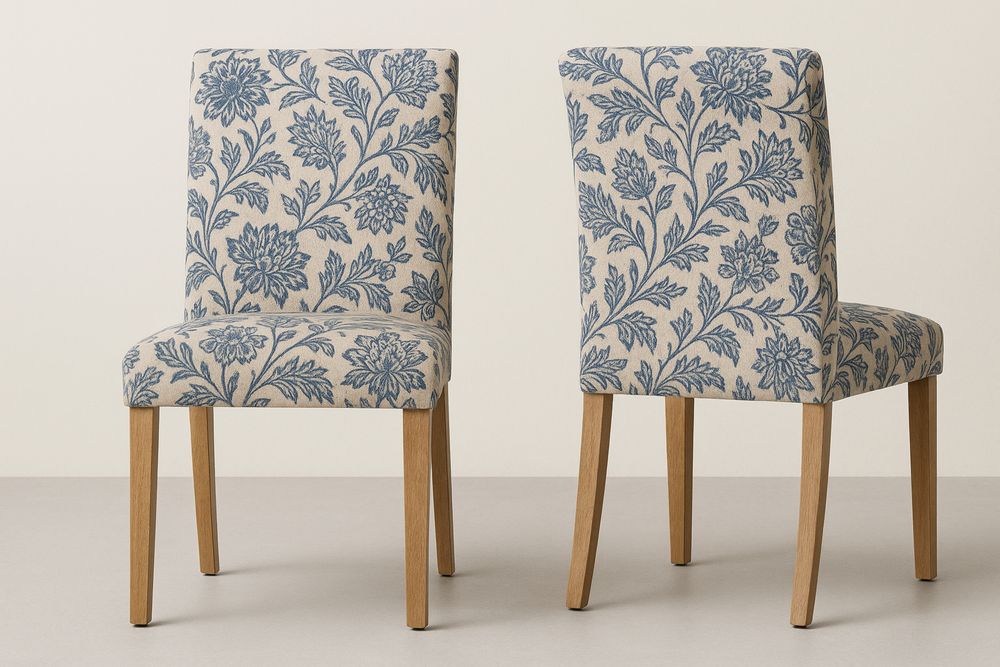 Upholstered Dining Chairs Set of 2 Polyester Fabric Oak Legs Blue/Beige 46cm x 58cm x 96cm