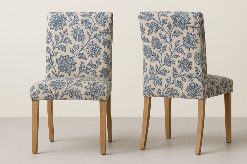 Upholstered Dining Chairs Set of 2 Polyester Fabric Oak Legs Blue/Beige 46cm x 58cm x 96cm
