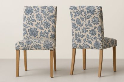 Upholstered Dining Chairs Set of 2 Polyester Fabric Oak Legs Blue/Beige 46cm x 58cm x 96cm