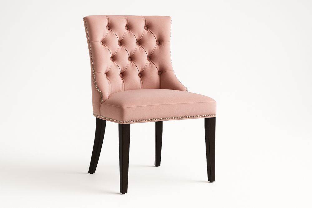 Pink Velvet Upholstered Dining Chair with Button Tufted Back and Wood Legs