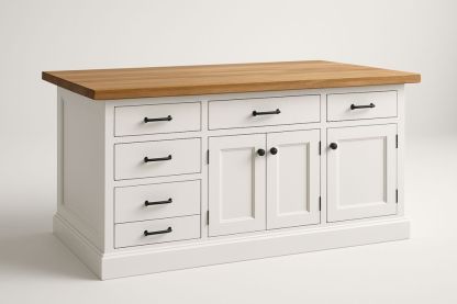 Kitchen Island Solid Wood Top MDF Frame with Drawers and Cabinets in White