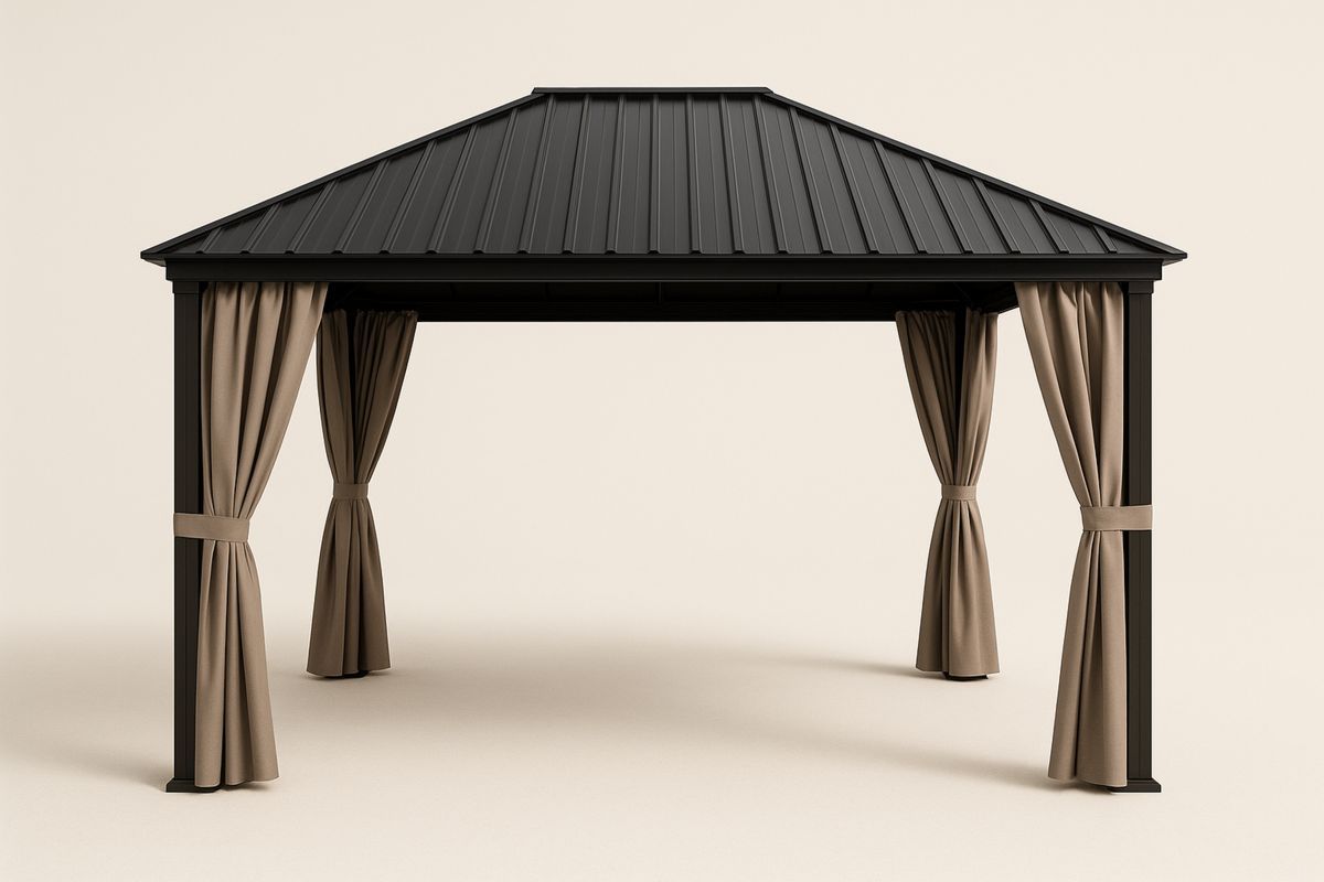 Outdoor Steel Gazebo with Polyester Curtains Black and Tan 300cm x 300cm(W×D)-Selonirta