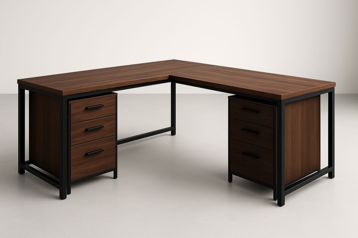 L-Shaped Office Desk Particle Board and Steel Frame Brown 160x140x75 cm(L×W×H)-Selonirta