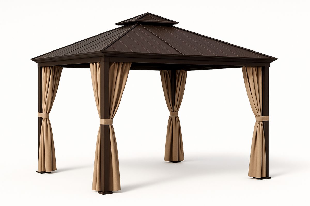 Outdoor Aluminium Gazebo with Steel Roof and Polyester Curtains 3(L)x3(W)m Brown-Selonirta