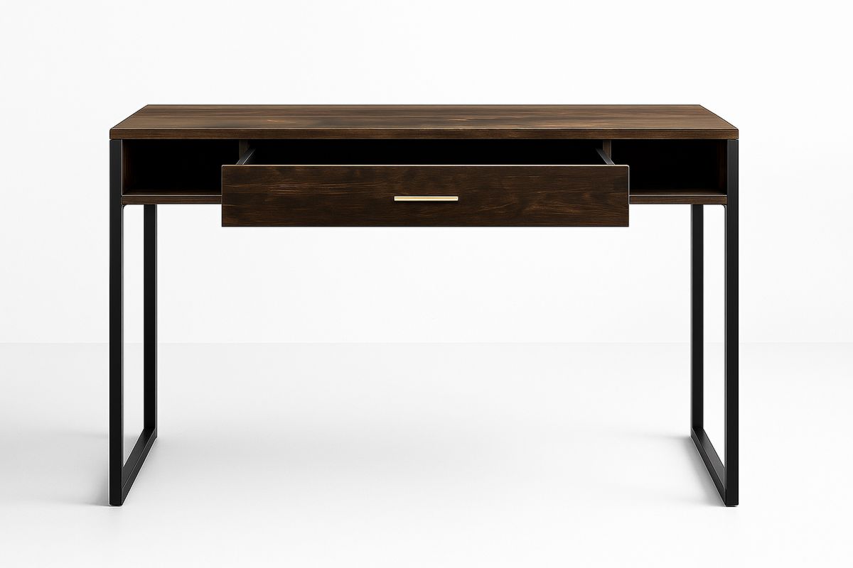 Dark Brown Engineered Wood Office Desk with Steel Frame and Drawer 120(L)cm-Selonirta