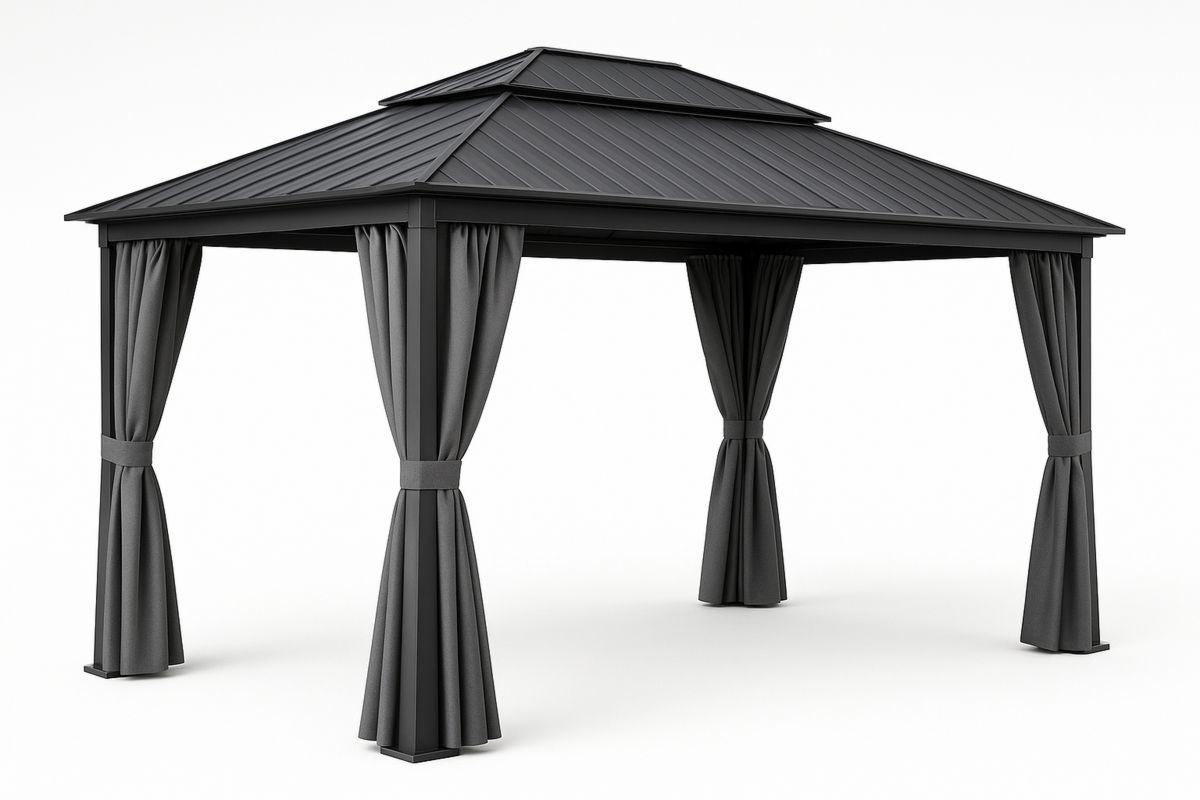 Steel Frame Gazebo with Polyester Curtains in Black 3m x 3m（L×W）-Selonirta