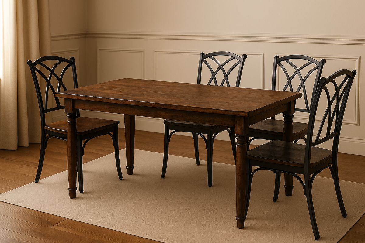 Solid Wood Dining Table Set with Iron Chairs 150(L)cm x 90(W)cm Brown-Venolivta