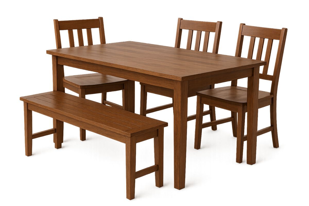 Solid Pine Wood Dining Table Set with Bench and Chairs Brown-Venolivta