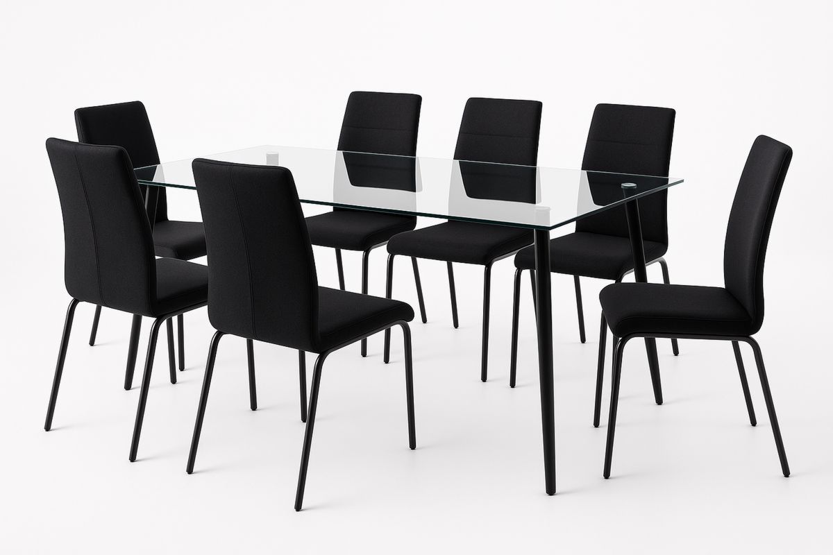 Glass Dining Table Set with Black Polyester Fabric Chairs-Venolivta