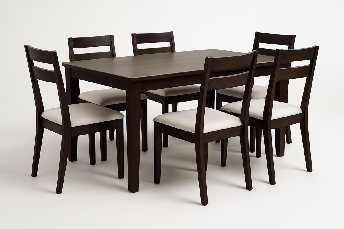 Dark Solid Rubberwood  Dining Table and Chair Set 7 Piece with Cushioned Seats-Venolivta