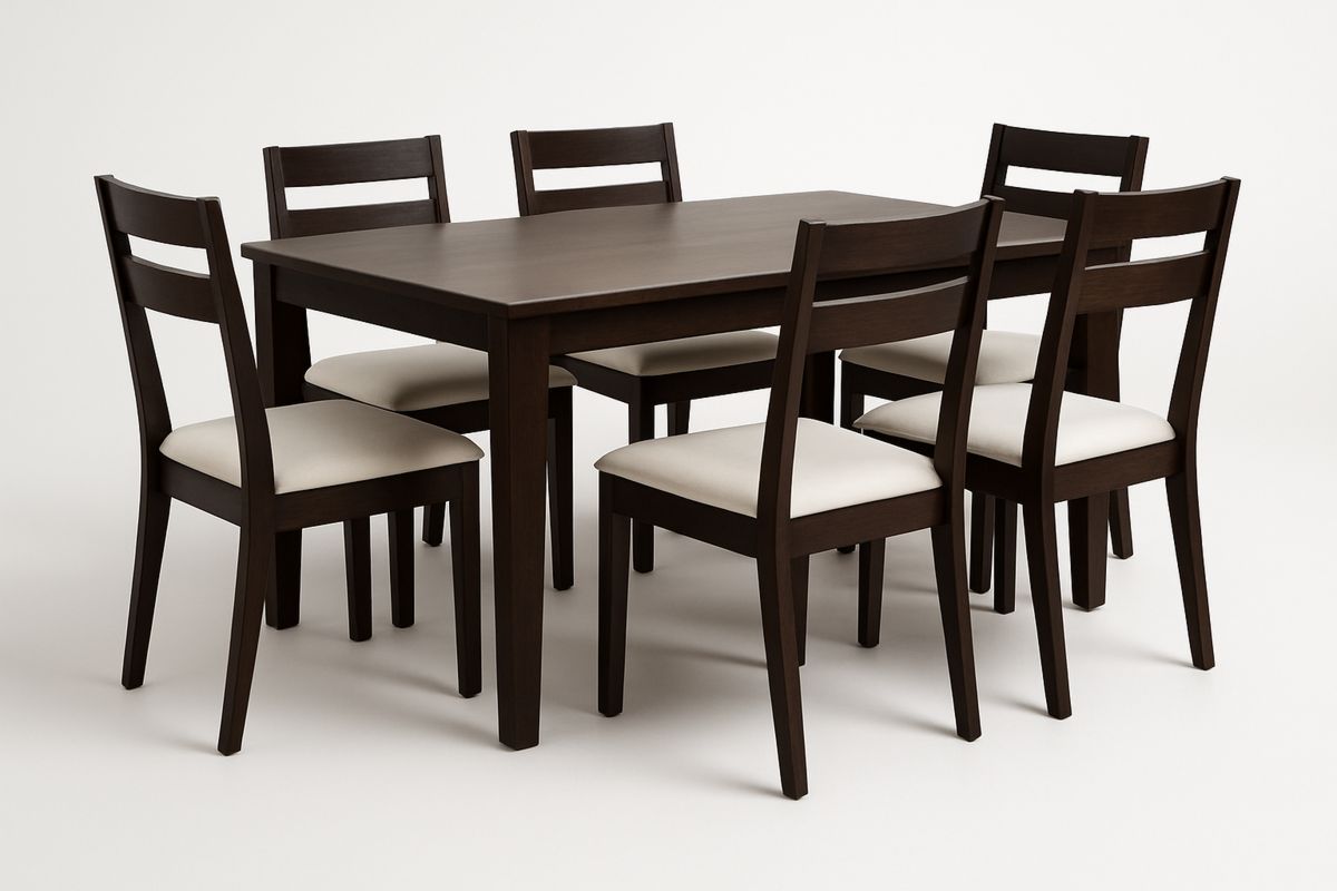 Dark Solid Rubberwood  Dining Table and Chair Set 7 Piece with Cushioned Seats-Venolivta