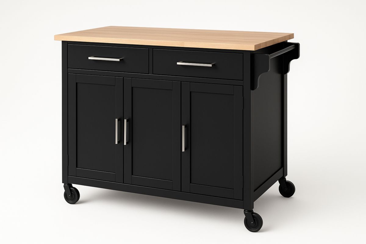 Kitchen Island Trolley with Ash Wood Top and Black MDF Frame-Ranovalti