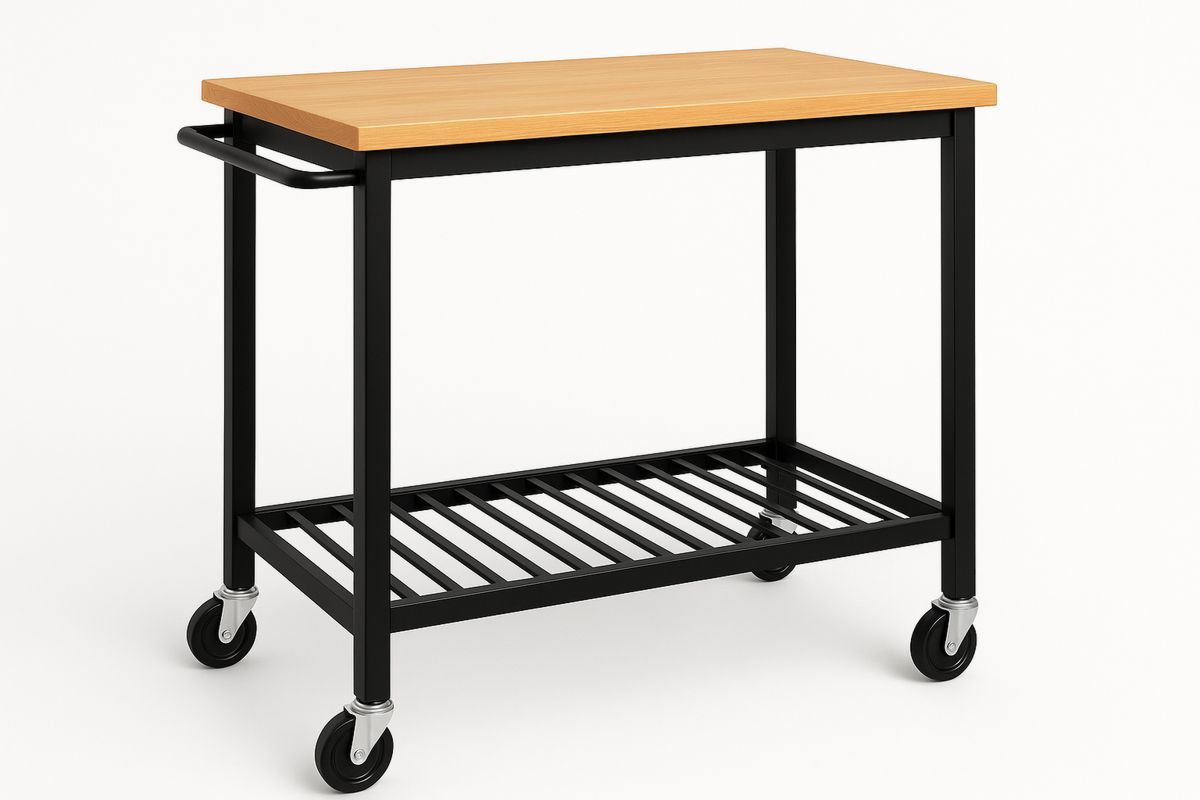 Kitchen Cart Solid Wood Top Steel Frame Black 90cm-Ranovalti