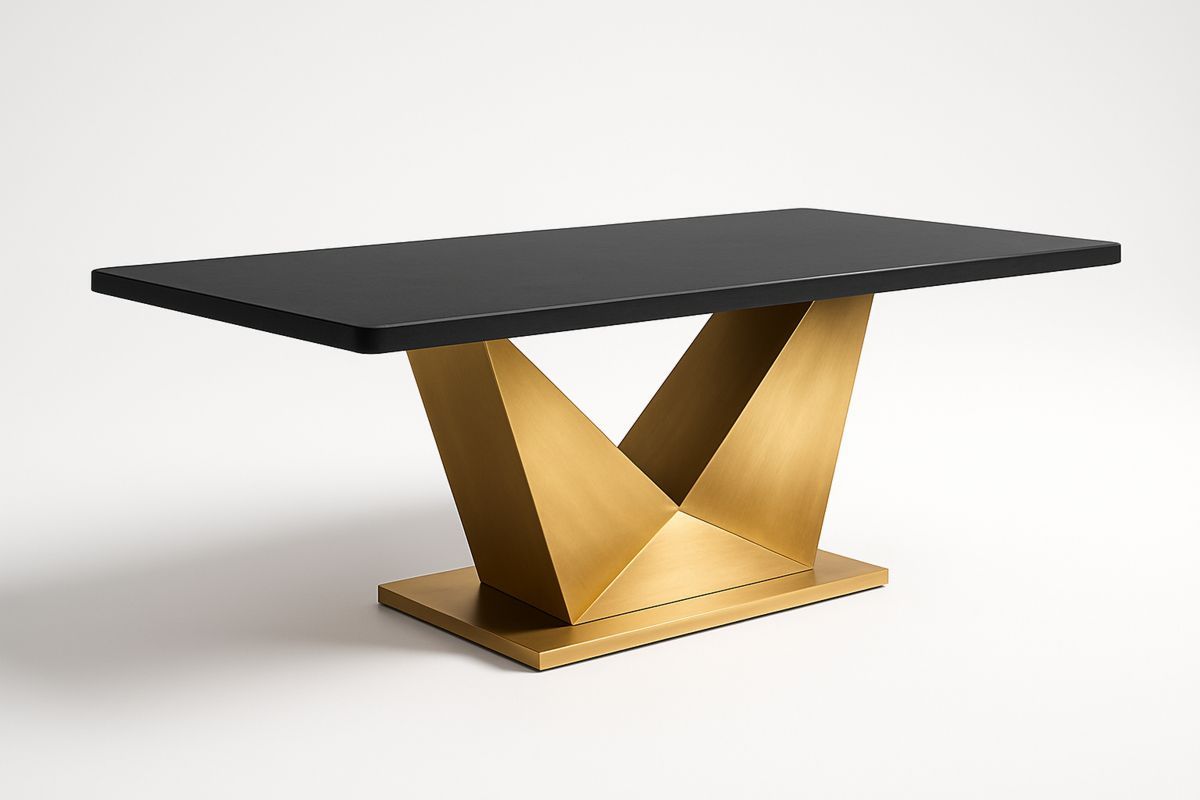 Rectangular Dining Table MDF Top Brass Metal Base Black Gold 180x90x75cm(L×W×H)-Ranovalti