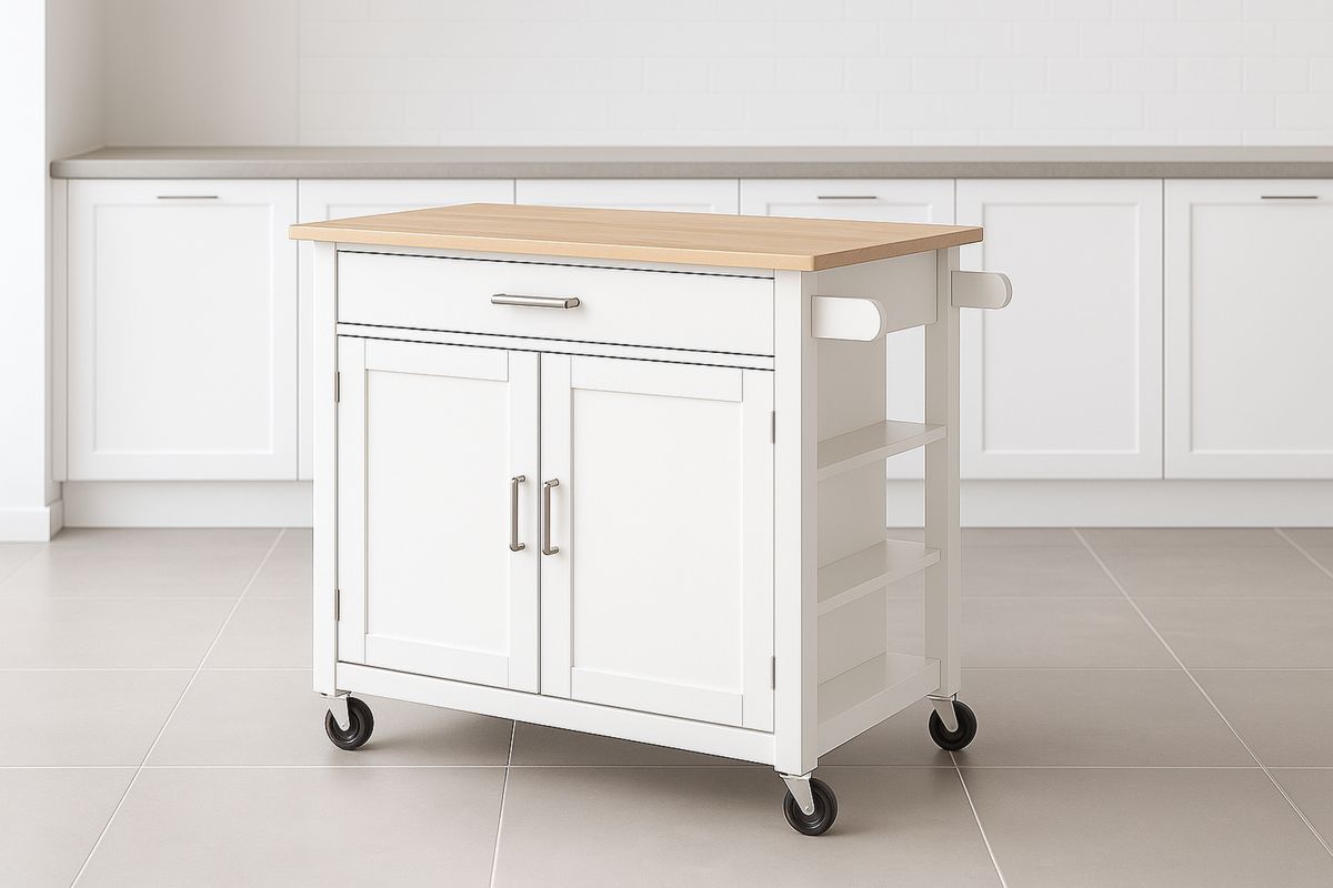 Kitchen Island Cart with Solid Wood and Engineered Wood, White-Ranovalti