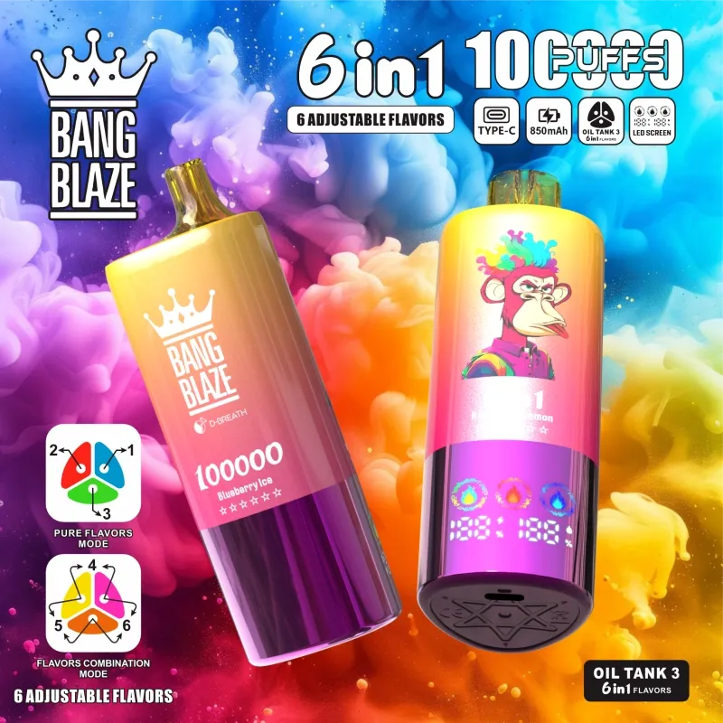 Bang Blaze 100K Puffs 6in1 Vape – 60ML | Triple Oil Tanks | 6 Flavors | Type-C Rechargeable | 0–5% Nicotine | Pure & Mix Modes