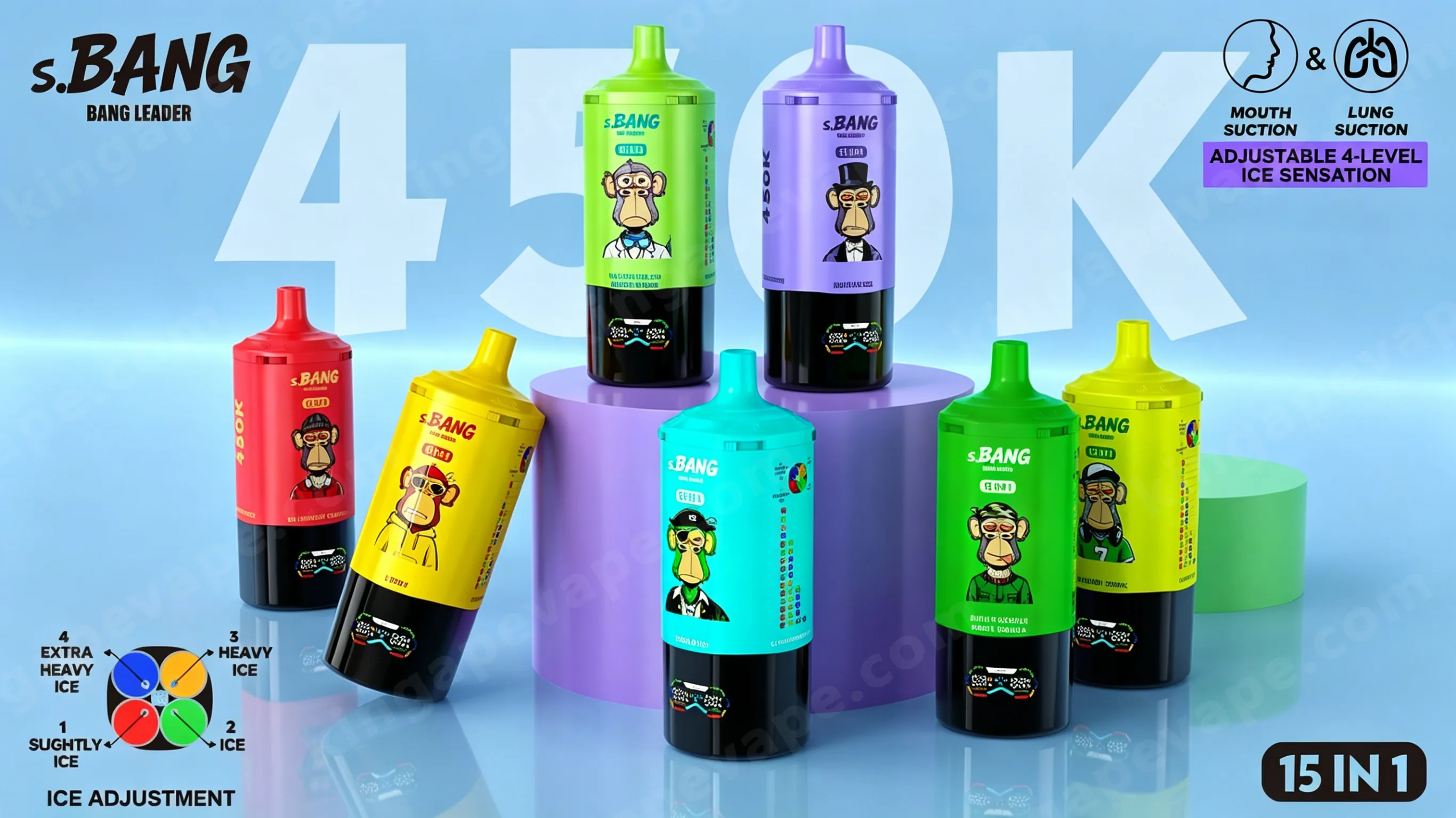 Colorful Bang Leader 450000 Puffs squeeze bottles in red, yellow, turquoise, green, blue, and purple arranged on purple pedestals against a blue background, each bottle featuring a cartoon monkey label; the banner includes the text 'Adjustable 4-Level Ice Sensation' with mouth and lung suction icons.