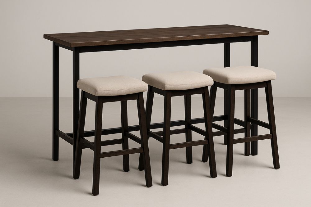 Dining Table Set with 3 Stools Wood Metal Frame Beige Upholstered