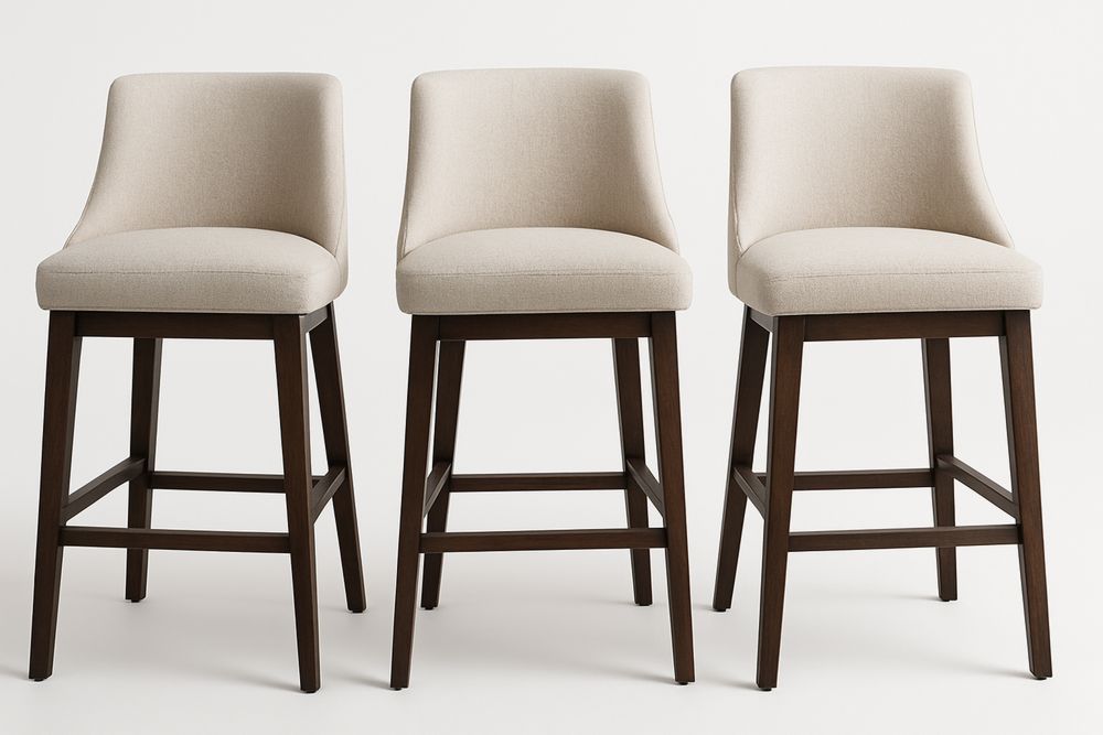 Set of 3 Beige Polyester Upholstered Wooden Frame Bar Stools 60cm
