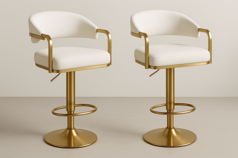 Pair of Adjustable Gold Bar Stools with White Faux Leather and Metal Frame