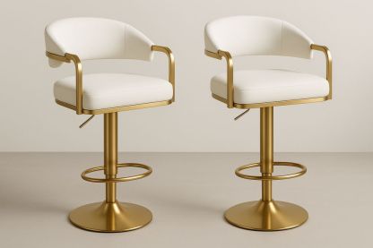Pair of Adjustable Gold Bar Stools with White Faux Leather and Metal Frame