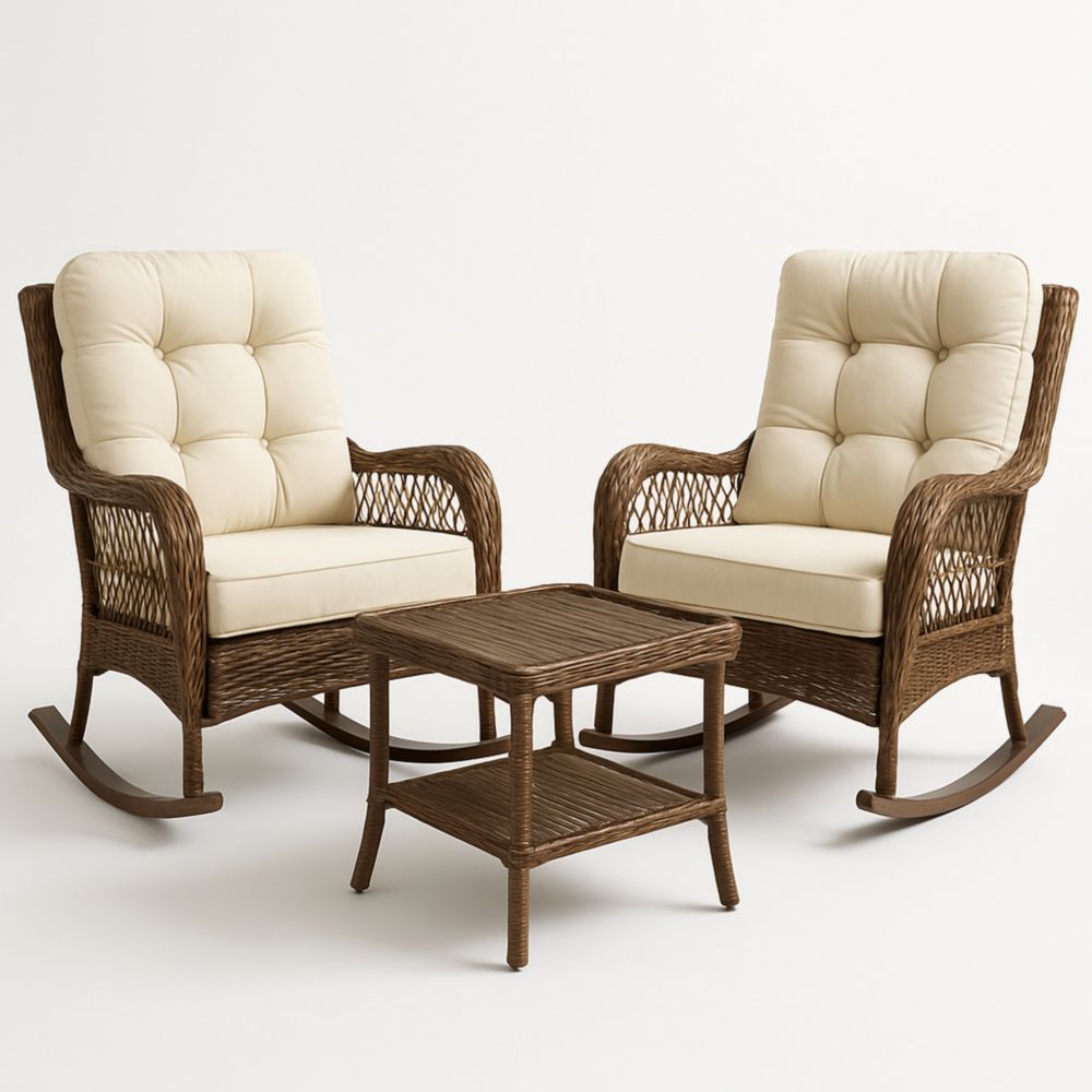 Rattan Rocking Chair Set with Cushions and Side Table Brown/Cream