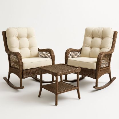 Rattan Rocking Chair Set with Cushions and Side Table Brown/Cream