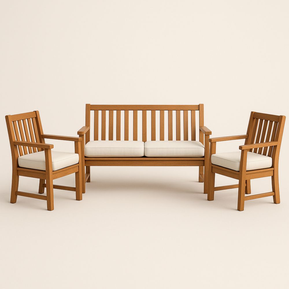 Wooden Lounge Set with Cushions in Natural Finish