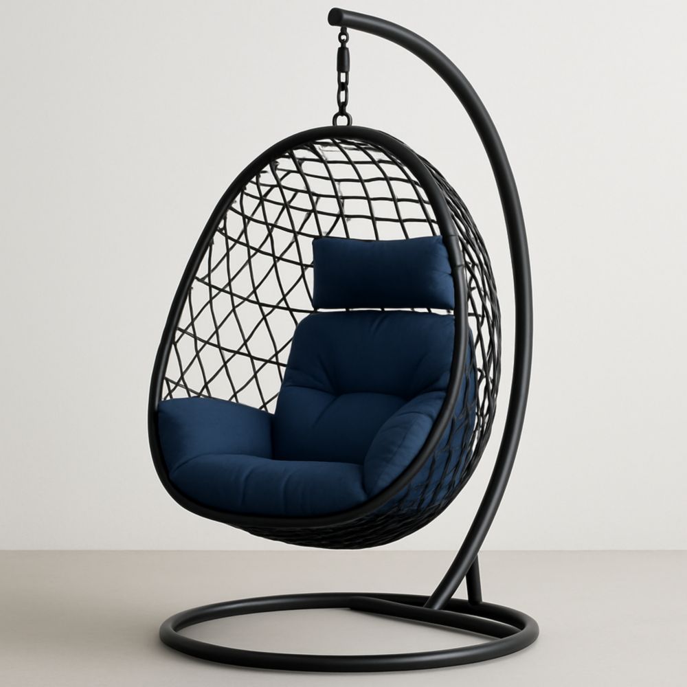 Hanging Egg Chair Metal Frame Navy Cushion 105cm x 95cm x 195cm