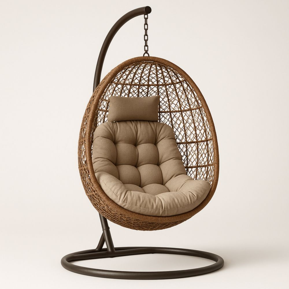 Outdoor Rattan Hanging Egg Chair with Polyester Cushion and Metal Stand
