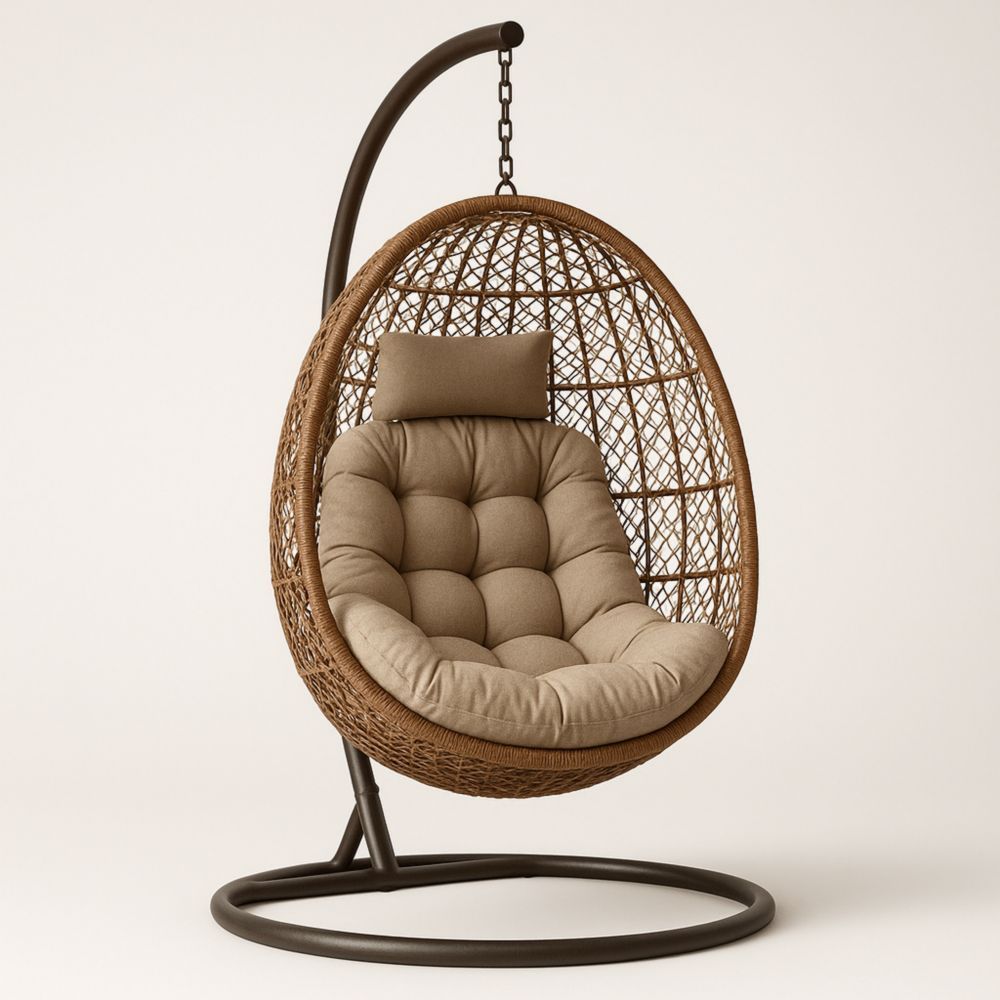 Outdoor Rattan Hanging Egg Chair with Polyester Cushion and Metal Stand
