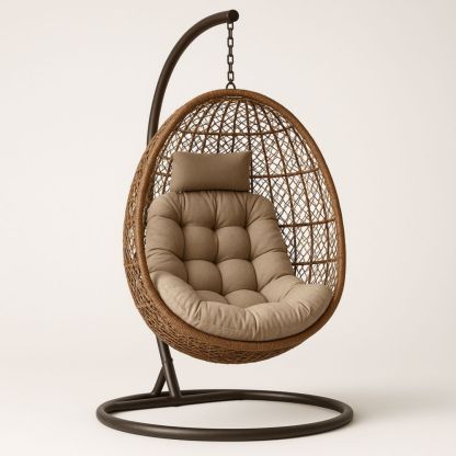 Outdoor Rattan Hanging Egg Chair with Polyester Cushion and Metal Stand