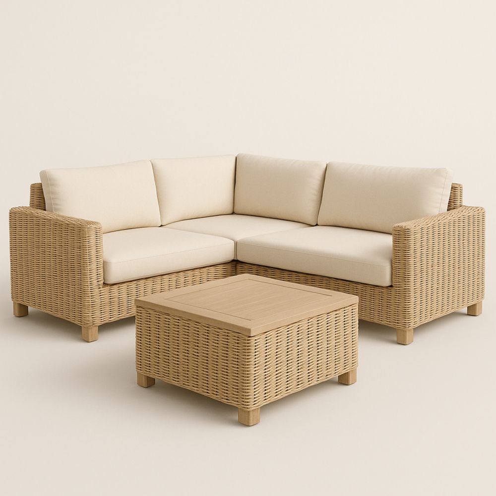 Rattan Corner Lounge Set with Coffee Table Beige Cushions