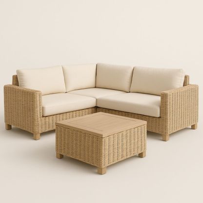 Rattan Corner Lounge Set with Coffee Table Beige Cushions