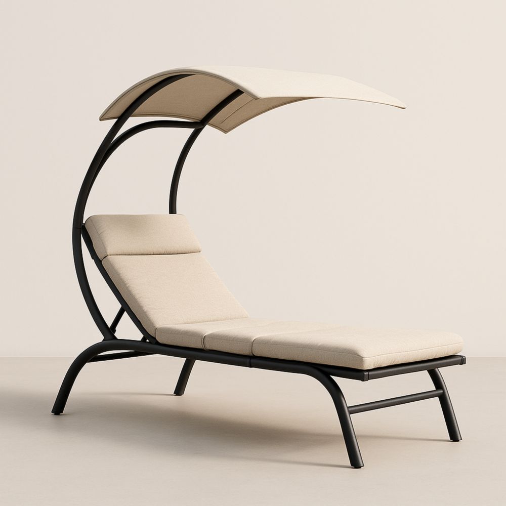 Outdoor Chaise Lounge with Canopy Beige Steel Frame Cushioned