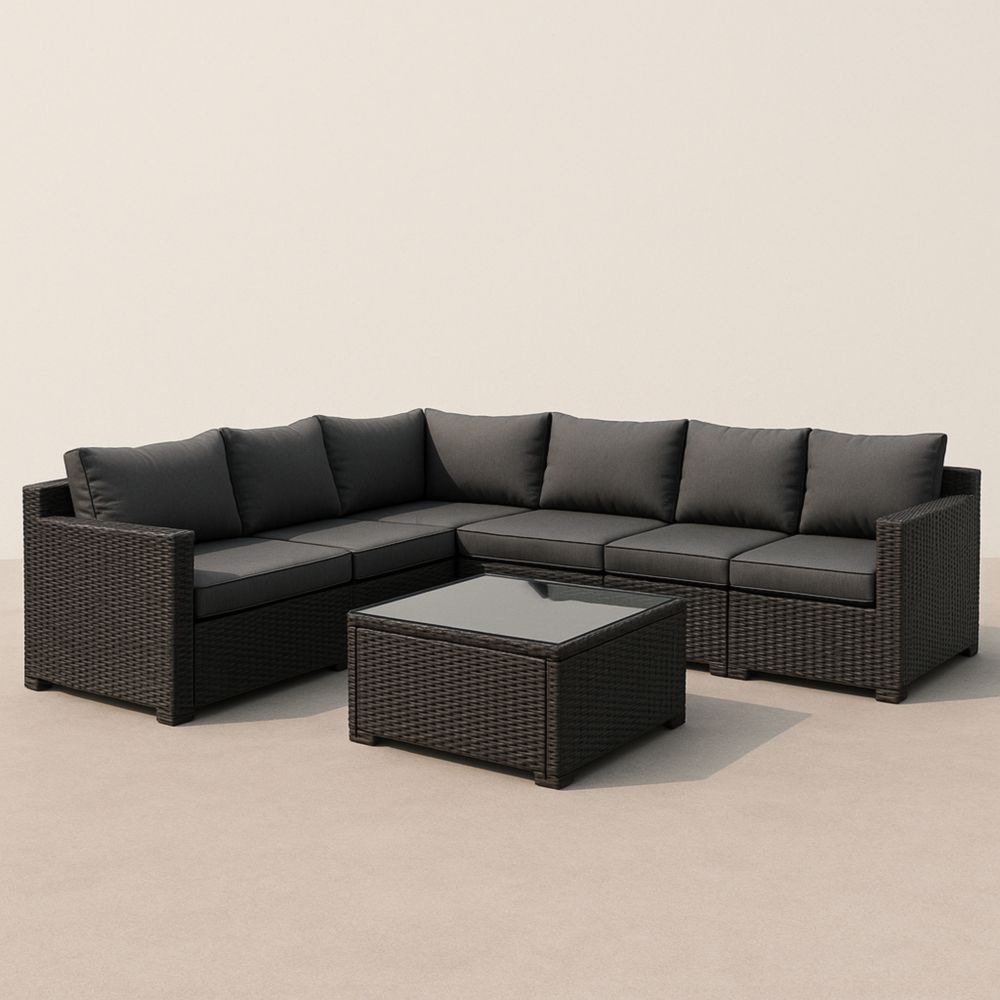 Grey Wicker Outdoor Corner Sofa Set with Cushions - 6-Seater