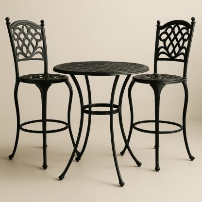 Outdoor Bar Table and Chair Set Round Black Cast Aluminium 3 Piece
