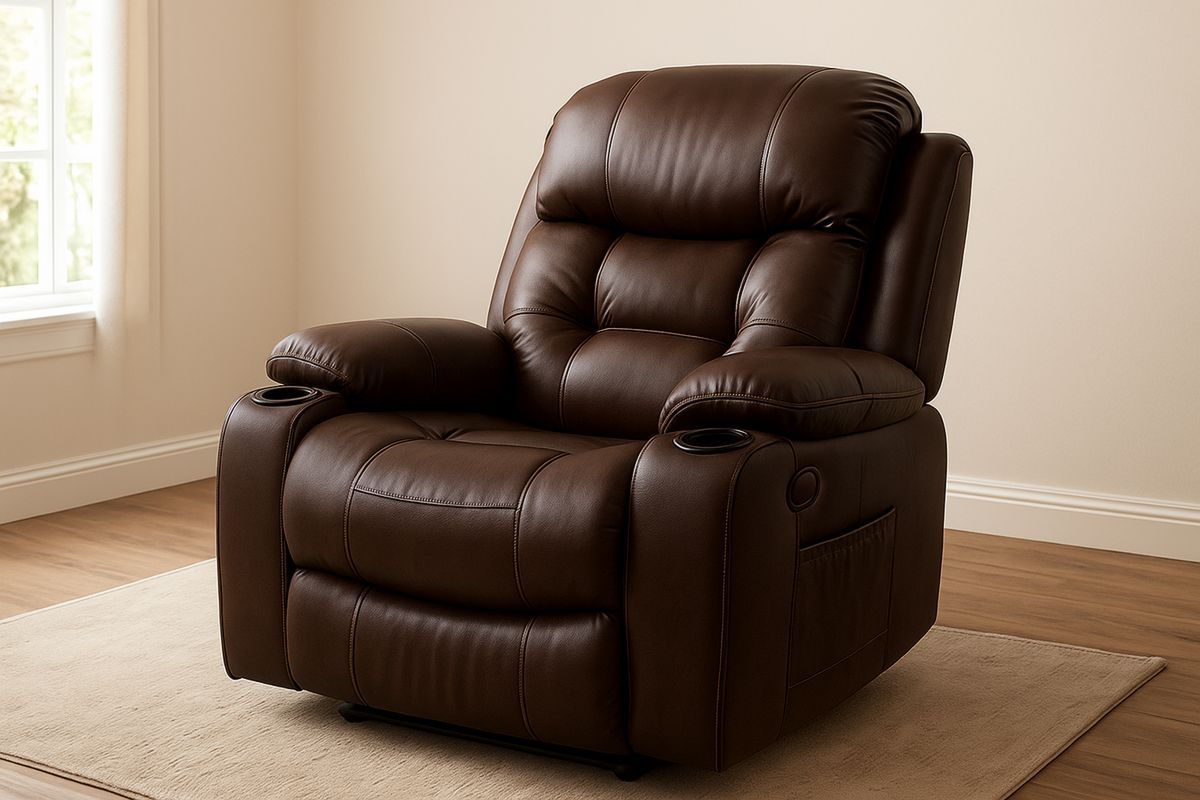 PU Leather Recliner Chair with Cup Holders in Brown-Selorilto