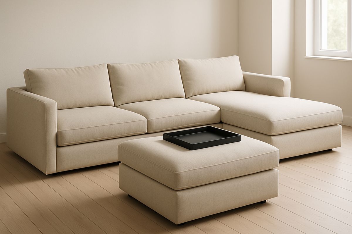 Beige Polyester Fabric Sectional Sofa with Ottoman-Selorilto