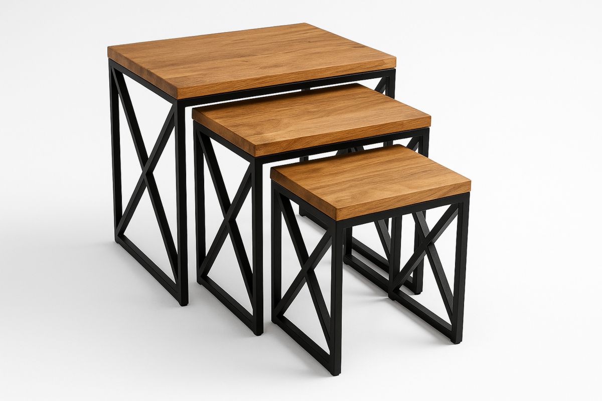 Set of 3 Oak and Steel Frame Nesting Tables-Selorilto