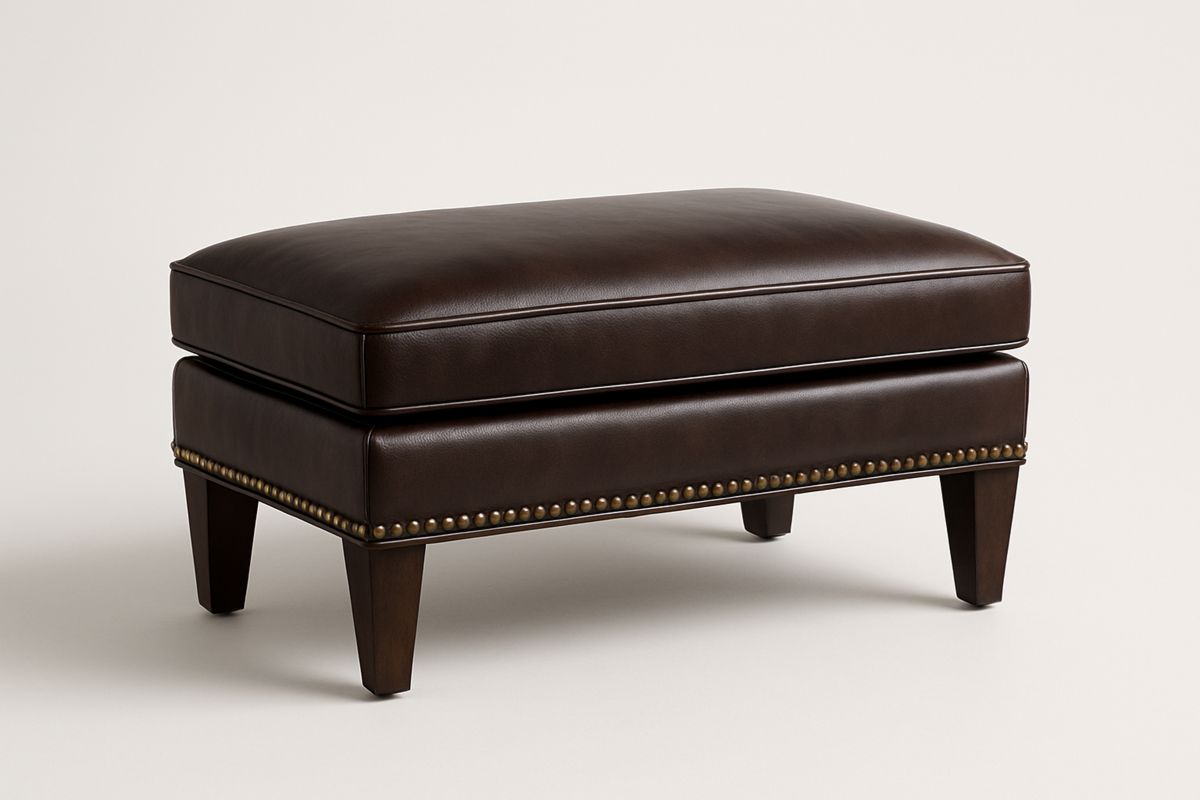 Brown Leather Ottoman with  Solid Wood Legs-Selorilto