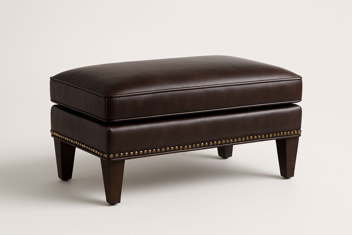 Brown Leather Ottoman with  Solid Wood Legs-Selorilto