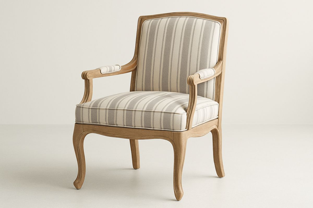 Armchair Solid Wood Frame Striped Fabric Upholstery Beige/Grey 65x75x95cm(W×D×H)-Selorilto