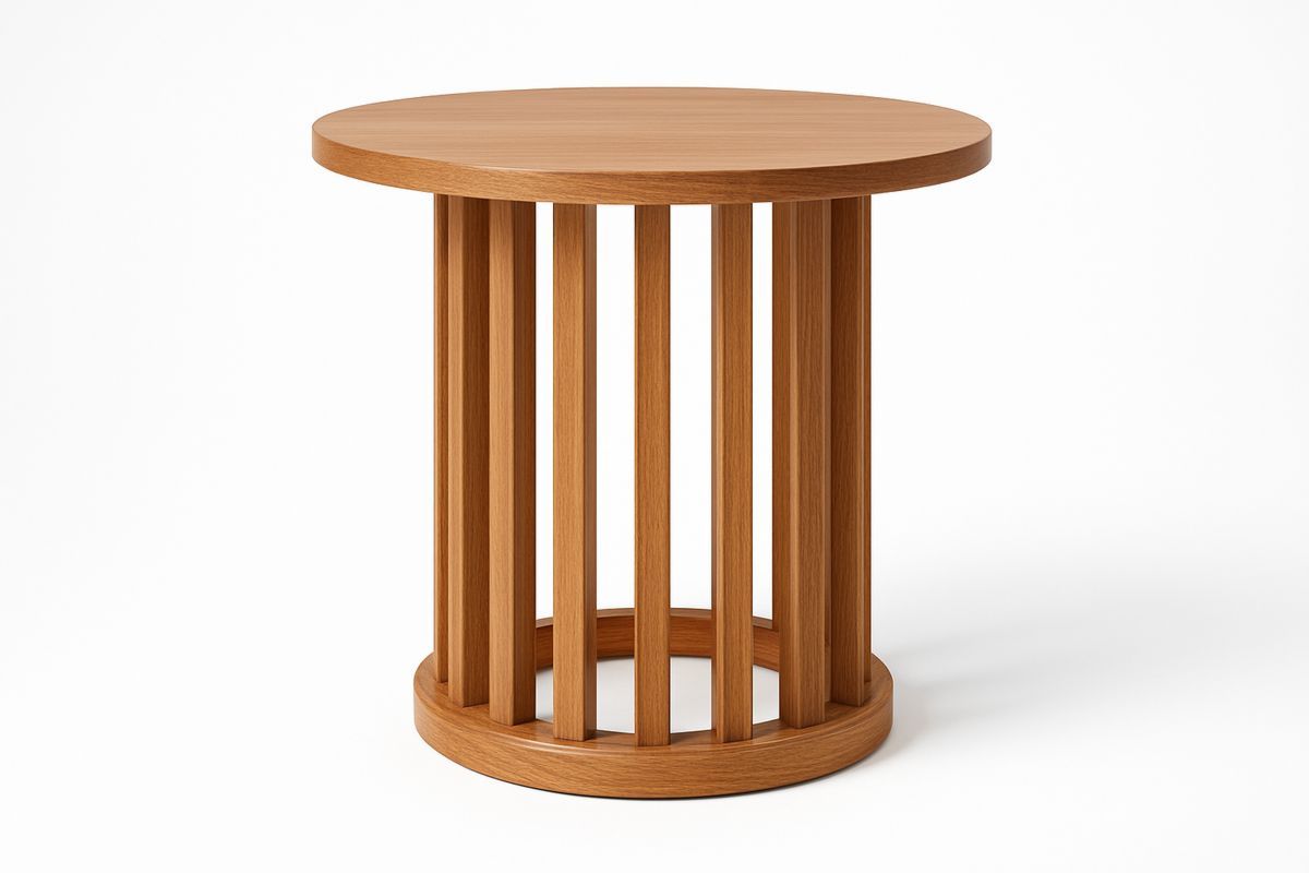 Round Oak Veneer Side Table with Slatted Base-Selorilto