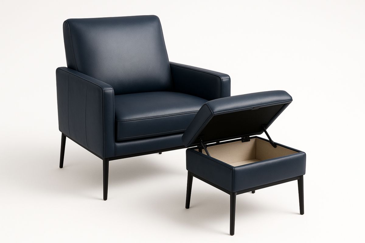 Navy PU Leather Armchair and Ottoman Set with Storage-Selorilto