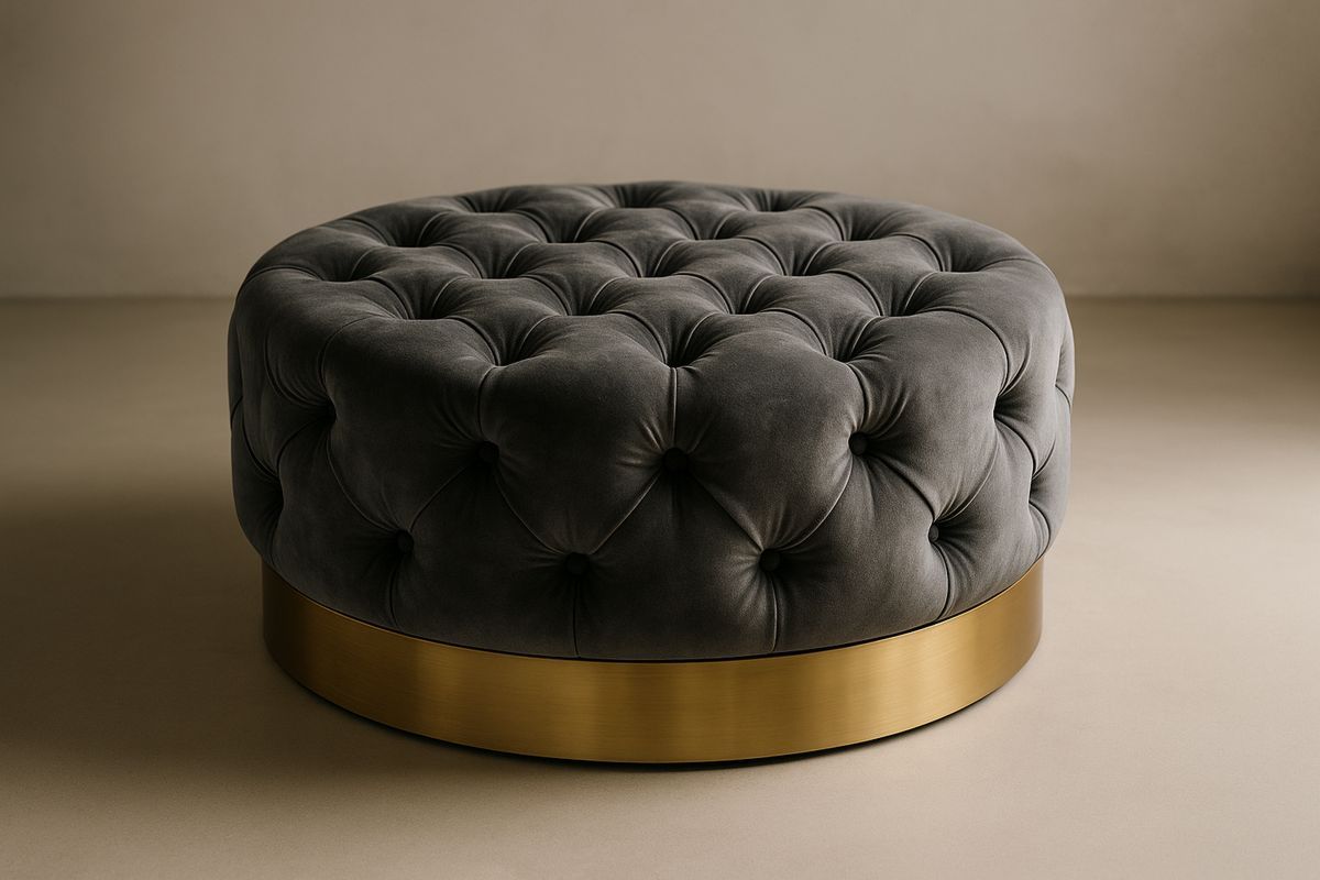 Round Velvet Ottoman with Brushed Steel Base Charcoal Ø 90cm-Selorilto