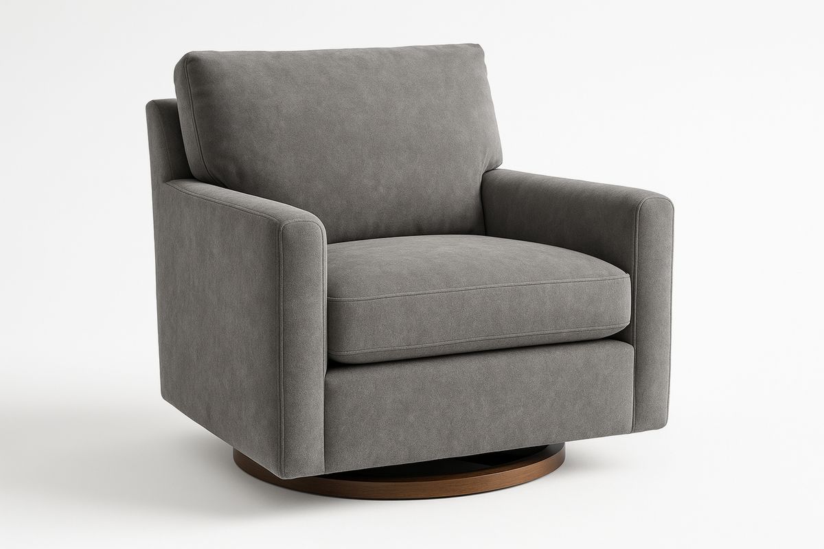 Grey Polyester Fabric Swivel Armchair with Solid Wood Base-Selorilto