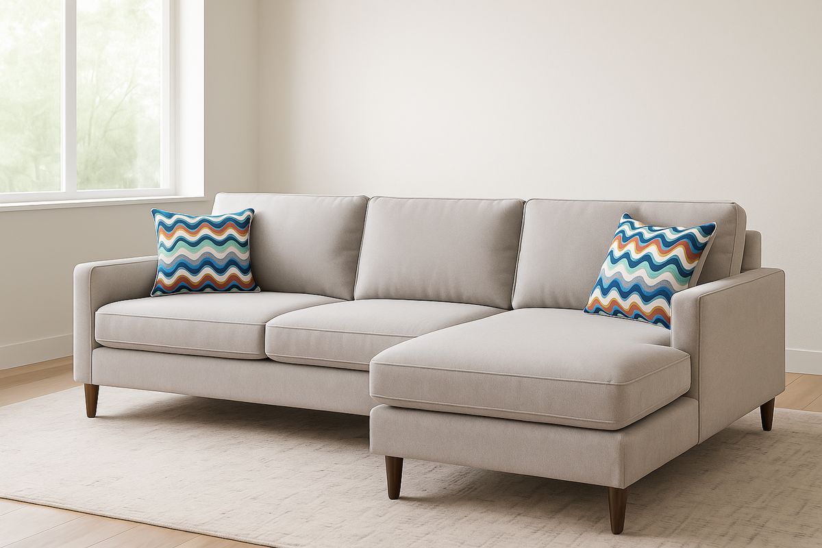 Beige Polyester Fabric Sectional Sofa with Chaise and Hardwood Legs-Selorilto