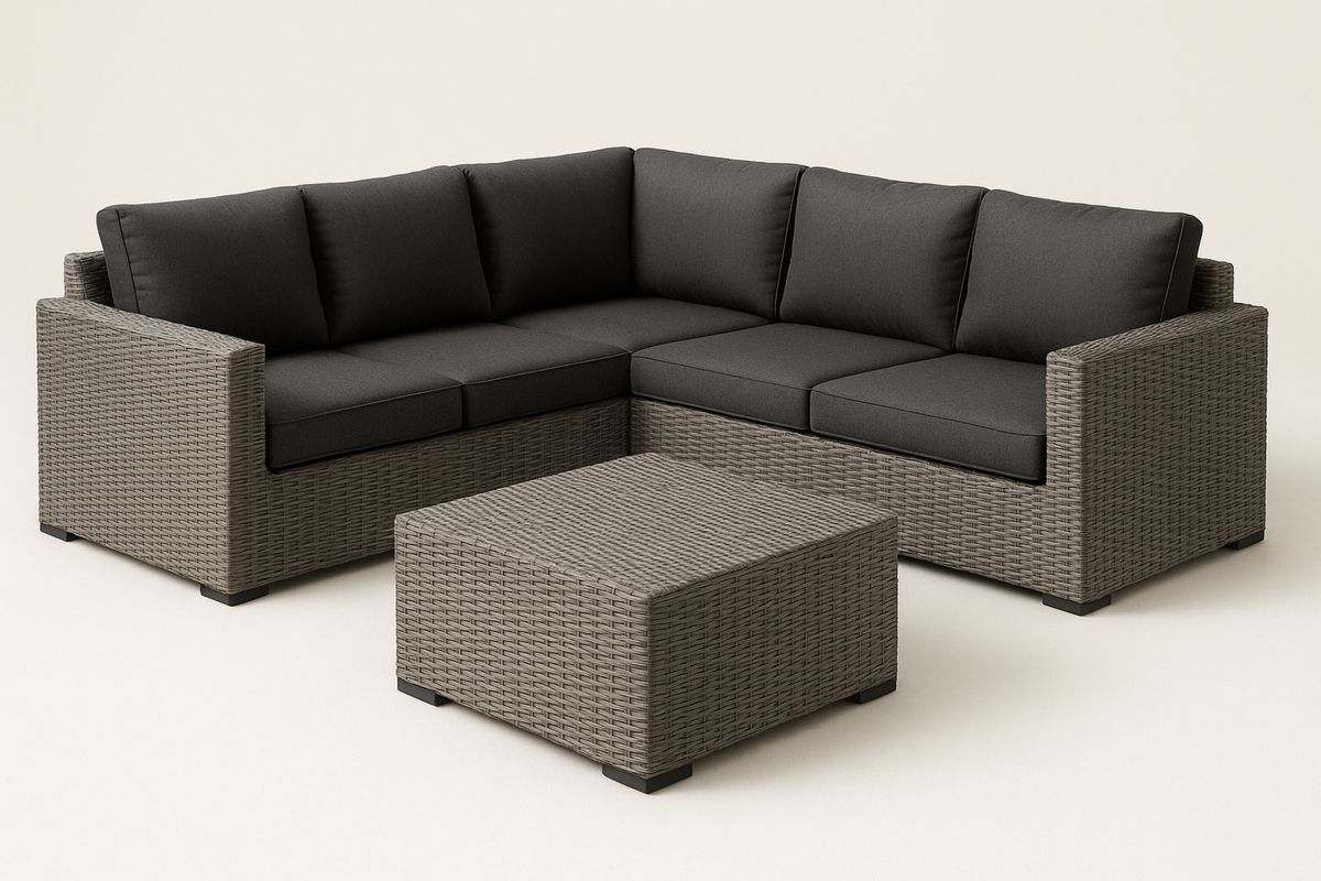 Outdoor L-Shaped Wicker Sofa Set with Cushions in Polyethylene and Polyester, Grey/Black-Toronivla